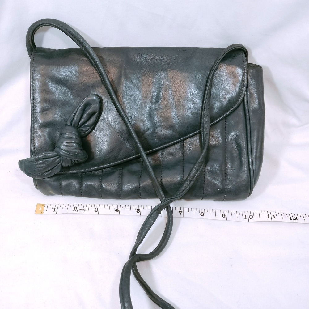 Saddle River Black Leather Crossbody Bag; Vintage Bow Quilted Flap Purse